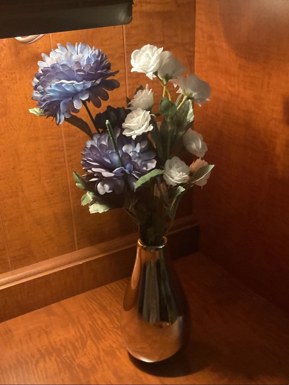 Blue and White Artificial Flower Bouquet in Metallic Vase - Unbranded